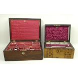 A Victorian rosewood sewing box with a fitted interior and mother of pearl inlay, 27 by 20 by