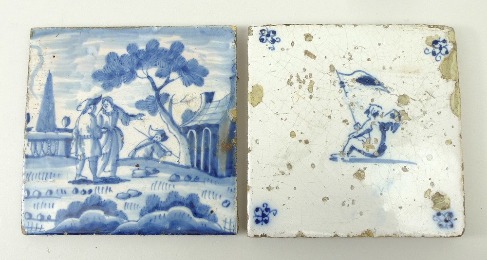 An 18th century blue and white English delftware tile depicting a figural scene, and another