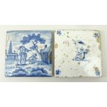 An 18th century blue and white English delftware tile depicting a figural scene, and another
