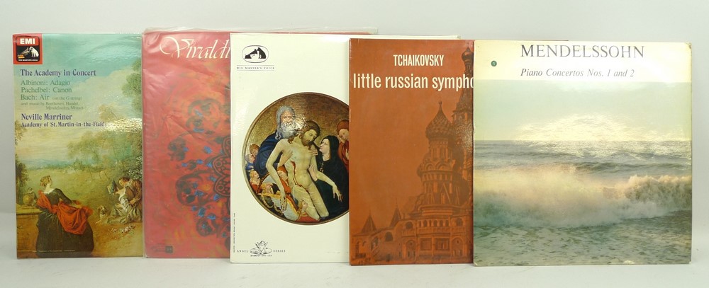 A collection of vinyl records, predominantly classical, including Mendelssohn Piano 'Concertos Nos