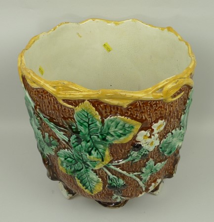 A Fielding majolica jardiniere, late 19th century, moulded with blackberries and oak leaves against - Image 3 of 4