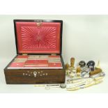 A Victorian rosewood sewing box with mother of pearl floral inlay and brass line inlay, the fitted