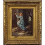 After Alex Ossani, young girl in woodland recoiling from a snake, oil on canvas laid on to board,