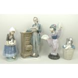 A group of Lladro porcelain figures, comprising; a Dutch girl with duck, 27cm high, hound in a