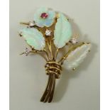 A Garrard & Co 18ct gold and opal floral spray brooch, set with four diamonds and a ruby to the