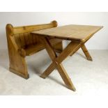A 20th century five plank pine table with cross frame supports and stretcher, 146 by 76 by 80cm
