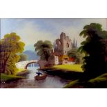 English School (19th century): ruined castle and river scene, reverse painting on glass, 39.5 by