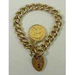 A 9ct gold kerb link bracelet, with attached Victoria head sovereign 1894, on a heart shaped