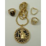 A 9ct gold and black onyx St Christopher pendant, 9ct gold and cabochon tiger's eye ring, size N,