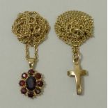 A 9ct gold and garnet set pendant on chain, and a base metal cross on a 9ct gold chain, 8.1g total