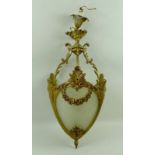 A 20th century French brass and engraved glass ceiling light of basket form cast with swags of