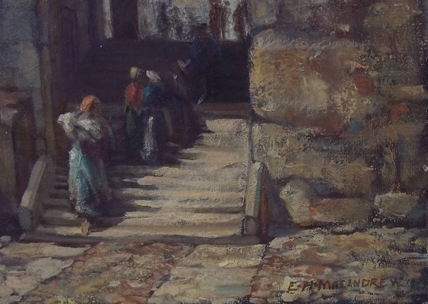 E H Macandrew:(British b.1877): an Arabian street scene, with figures in the foreground climbing - Image 2 of 3