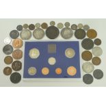 A quantity of coins including a George III cartwheel penny and a half penny, George IV Crown 1822,