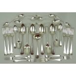 A quantity of George III and later silver Old English pattern flatware including four George III