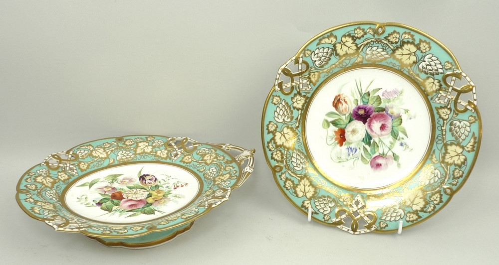 A Samuel Alcock porcelain tazze and dessert plate, mid 19th century, painted centrally with flowers