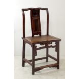 A Chinese hardwood chair, with carved and shaped splat, squared stiles, woven seat, raised on