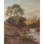 J Wallace: a landscape with figures in the foreground beside a river, watercolour, signed and dated