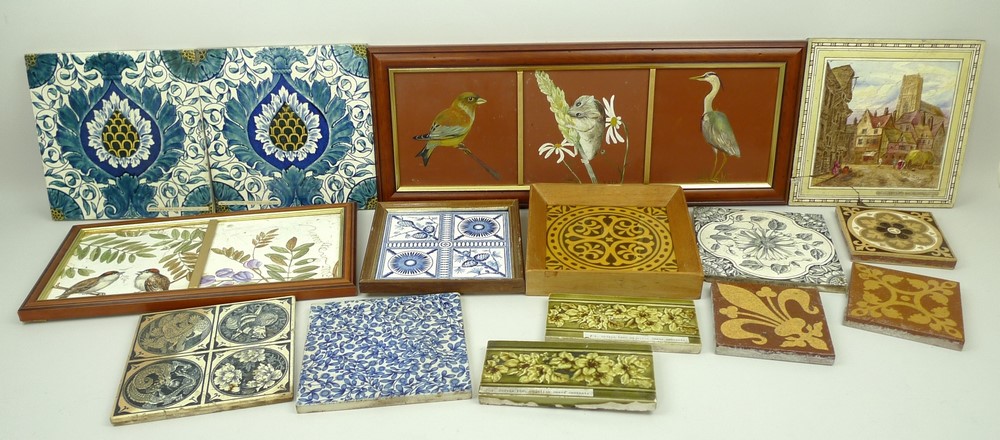 A group of tiles, late 19th century, including majolica, encaustic and a pair of Thomas Maw