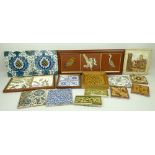 A group of tiles, late 19th century, including majolica, encaustic and a pair of Thomas Maw