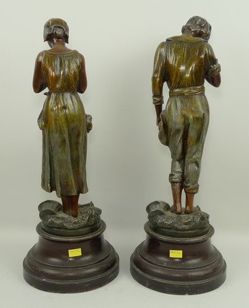 After De Ranieri, a pair of French spelter figurines, Angelus, cold painted, on a circular stepped - Image 3 of 3