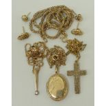 A 9ct gold and zircon set pendant on chain, cross on chain, double photo locket on chain, rope