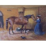 Charles Cattermole RI (1832-1900): lady feeding a horse in a stable, with a white cat and crow,