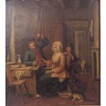 A 19th century Dutch tavern scene, the interior with figures and two cats, oil on board, 45 by