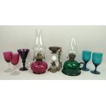 A Victorian amethyst wine glass, pair of turquoise glasses, pair of Edwardian cranberry wine