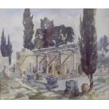 Philip Sharpe (20th century): a ruined Roman Temple, with two figures, watercolour, 34 by 40cm.