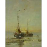 English School (early 20th century): Dutch barges moored at low tide, oil on board, 23 by 18cm.