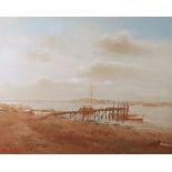 J.G.Mace: a jetty on the Norfolk Broads, oil on board, signed and dated '86 with additional