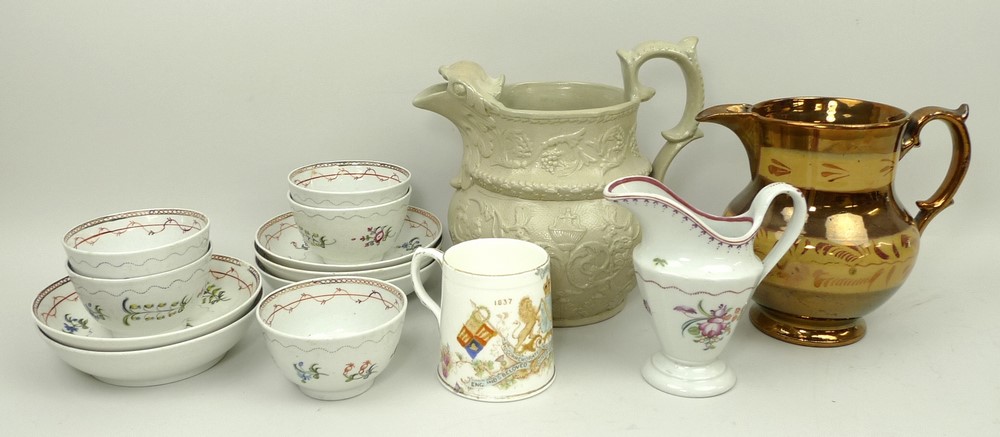 A group of five Newhall tea bowls and saucers, late 18th century, and a matching jug, decorated