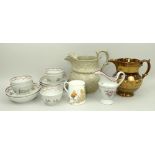 A group of five Newhall tea bowls and saucers, late 18th century, and a matching jug, decorated