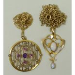A 9ct gold, pink topaz, amethyst and seed pearl set circular openwork pendant on a 9ct gold fancy