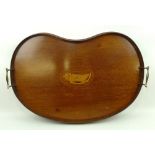 An Edwardian twin handled mahogany kidney shaped tray with satinwood shell inlay, 57.5cm long.