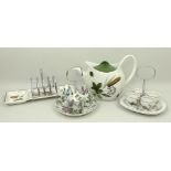 A Midwinter pottery toast plate with rack, bon bon dish, and cruet set, a further cruet set, an egg