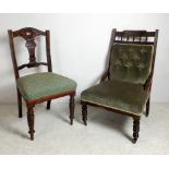 An Edwardian mahogany single chair with carved vase splat and rail, upholstered in green diamond