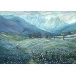 H. Altoft (British, early 20th century): alpine landscape with a girl in a meadow, oil on canvas,