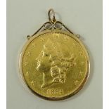 A US gold $20 coin 1884, in a 9ct gold mount, 36.2g.