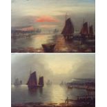 W H Day (19th century): English coastal scenes at sunrise and sunset, pair of oils on canvas,