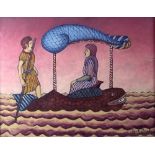 Jack Taylor: a naive style painting depicting two men at sea, acrylic on board, signed lower right,