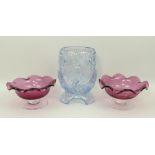 A pair of Victorian cranberry glass pedestal sweetmeat dishes, 7 by 12cm, and an Art Deco pressed