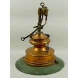 An LMS railway platform gas lamp, copper and painted grey metal, with hinged rim, marked LMS 68,