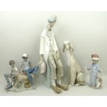 A group of Lladro porcelain figures, comprising; an Afghan hound, 30cm high, melancholy clown, 47cm