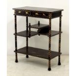 A late 19th century Japanese black lacquered and gilt decorated side table, the top depicting mount