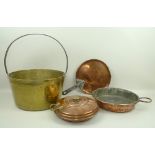 A brass pan, 34cm diameter, copper pan, skillet, and warmer. (4)