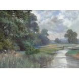 J Cecil Chappell (British): a river landscape, oil on canvas, signed lower right, 29 by 39cm.