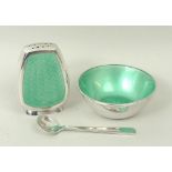 An Anton Michelsen silver and turquoise guilloche enamel pepperette, circular salt and spoon,