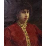 Two early 20th century oil on canvas portraits, a lady wearing a red dress, 44 by 36cm, and a monk,