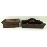 A mahogany knife tray with drawer under, 28 by 21 by 11cm, and an oak cutlery tray with central
